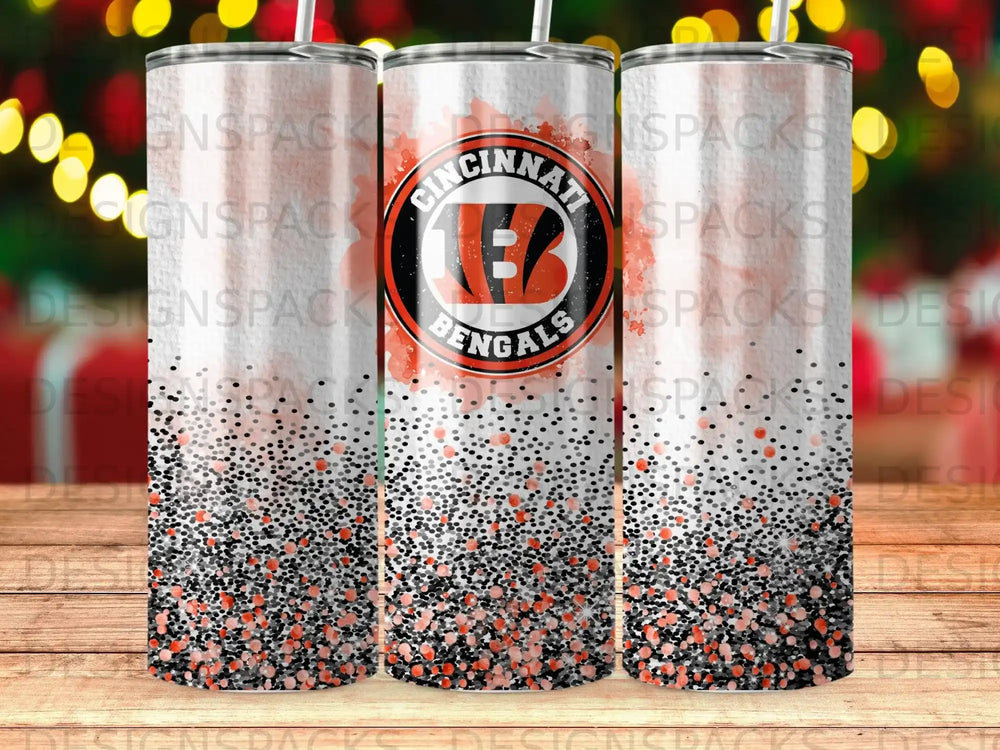 Cincinnati Bengals tumbler with team logo and glitter design.