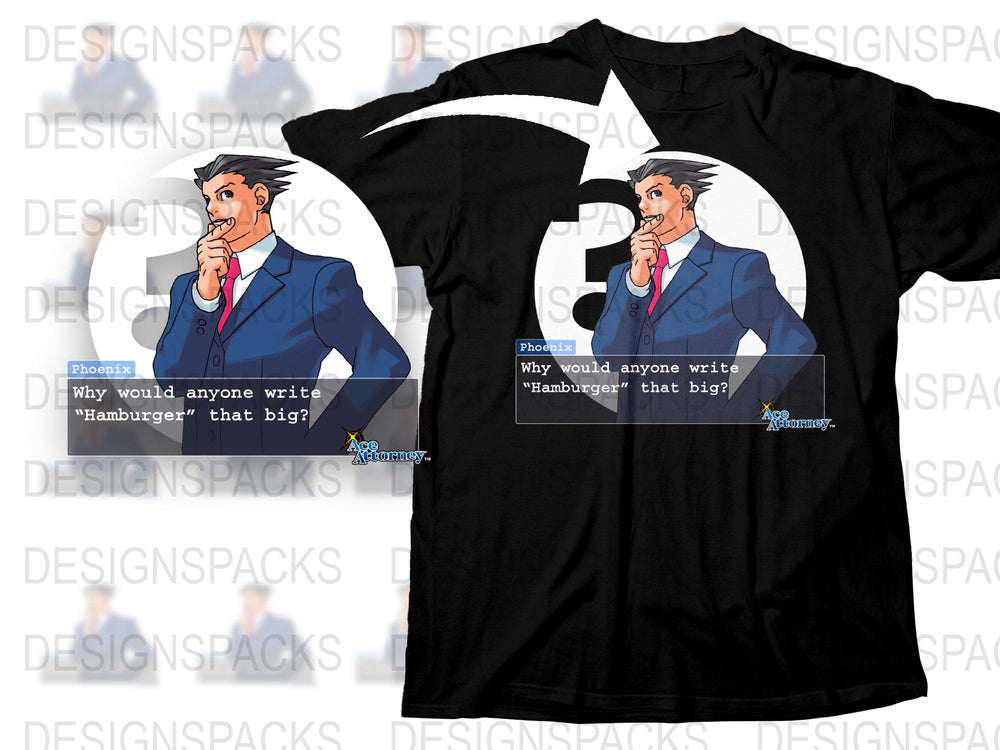 Phoenix Wright Ace Attorney T-Shirt, Funny Hamburger Quote, Anime Gaming Tee, Fan Art Graphic Shirt, Unique Gift Idea