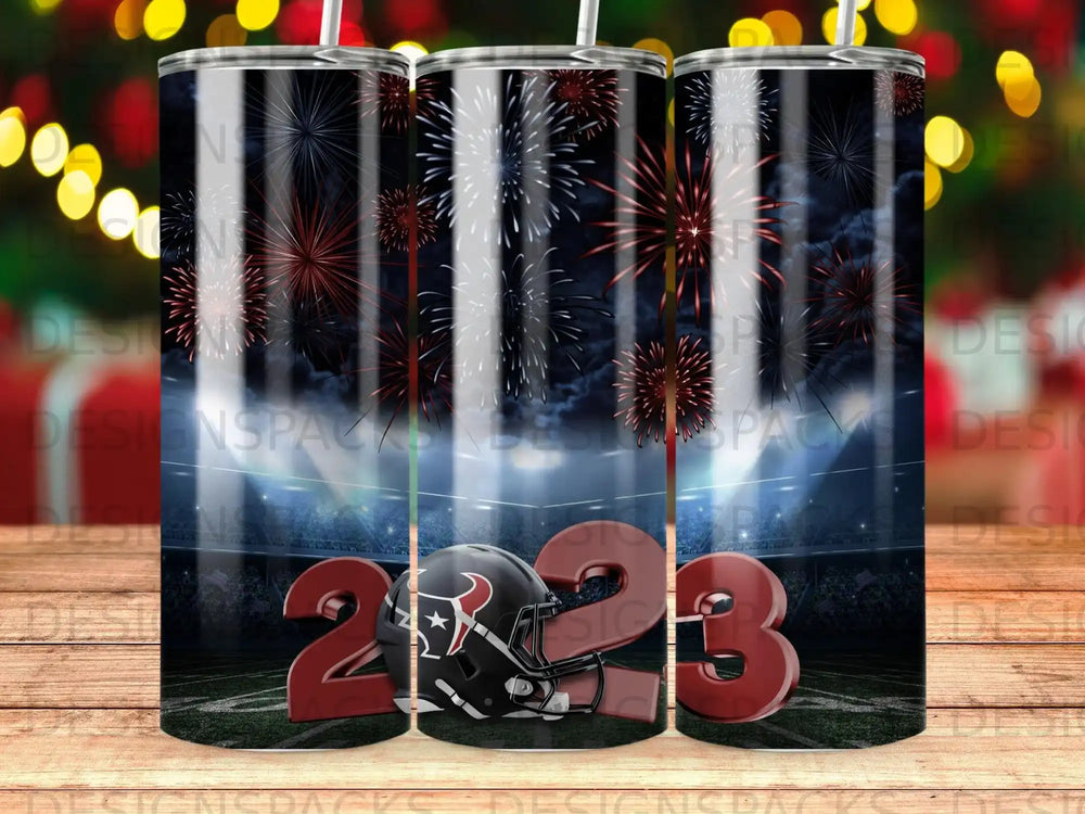 Football helmet with 2023 and fireworks over a stadium.