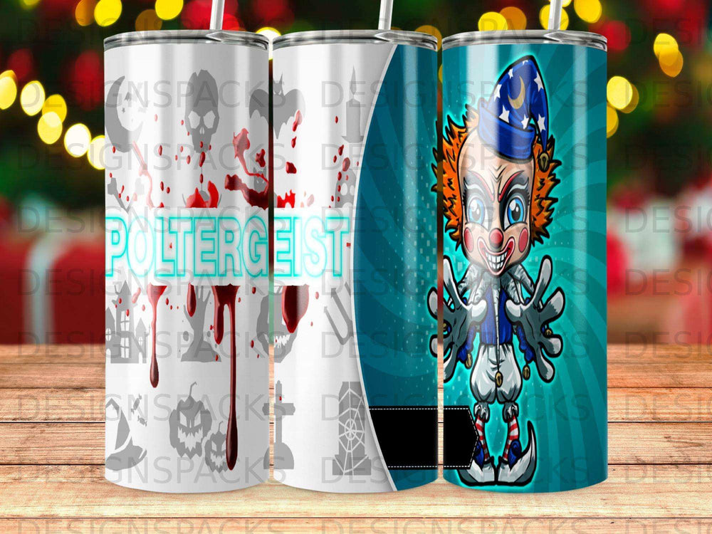 Clown tumbler with "Poltergeist" text and bloody, spooky graphics.