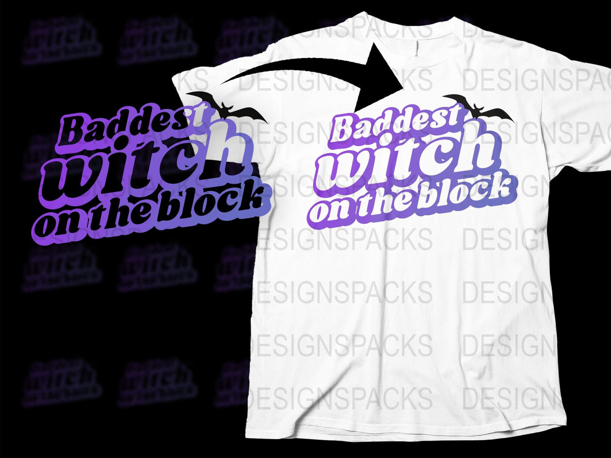 Baddest Witch on the Block Halloween T-Shirt, Purple Graphic Tee, Spooky Casual Witchy Apparel for Parties and Events