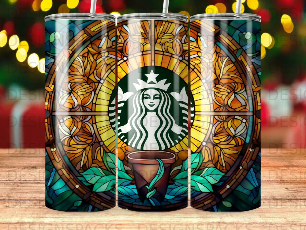 Starbucks logo on stained glass tumbler with potted plant.
