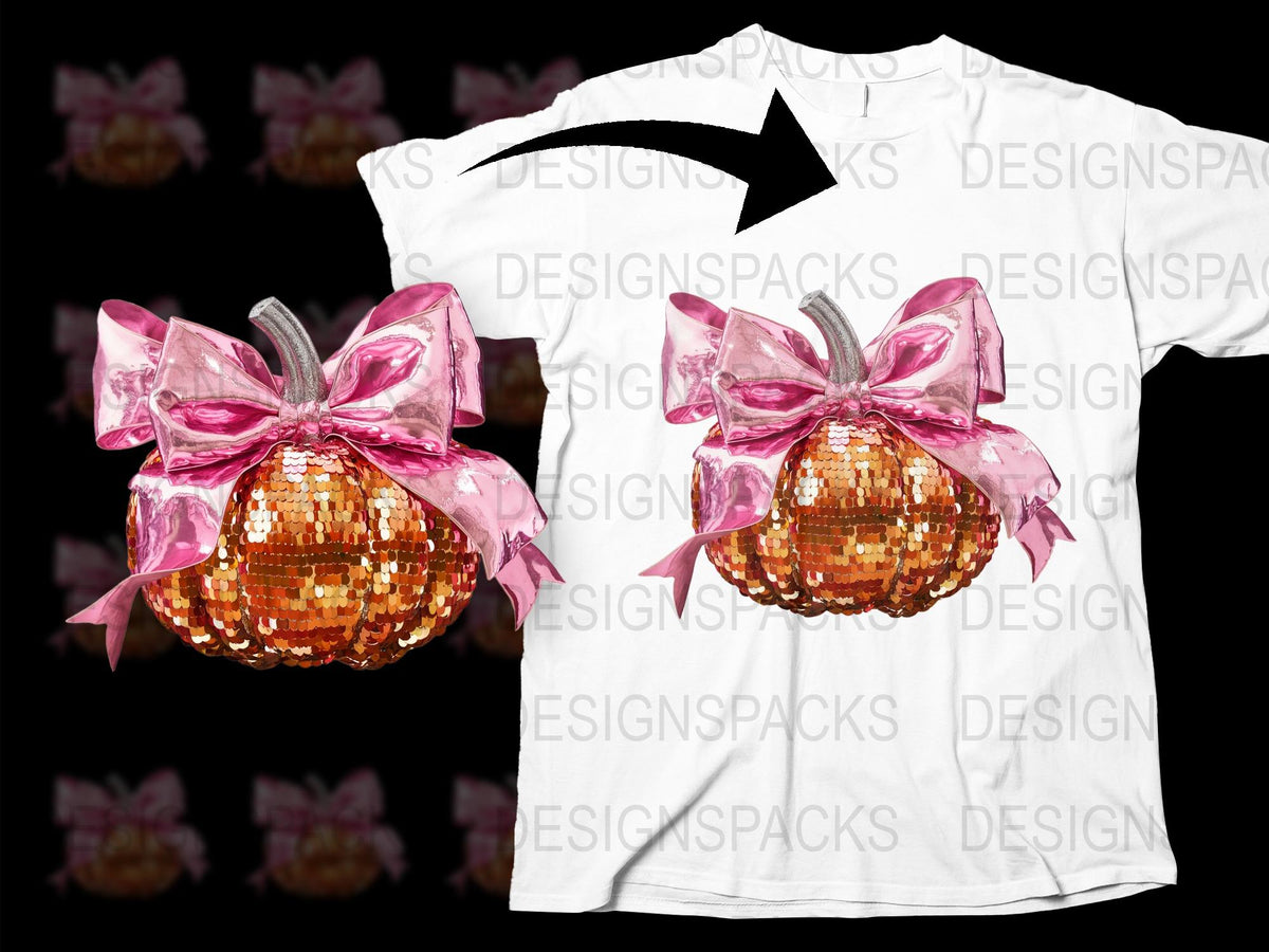 Glitter Pumpkin T-Shirt, Pink Bow Autumn Harvest Tee, Halloween Sparkle Shirt, Festive Fall Clothing for Women