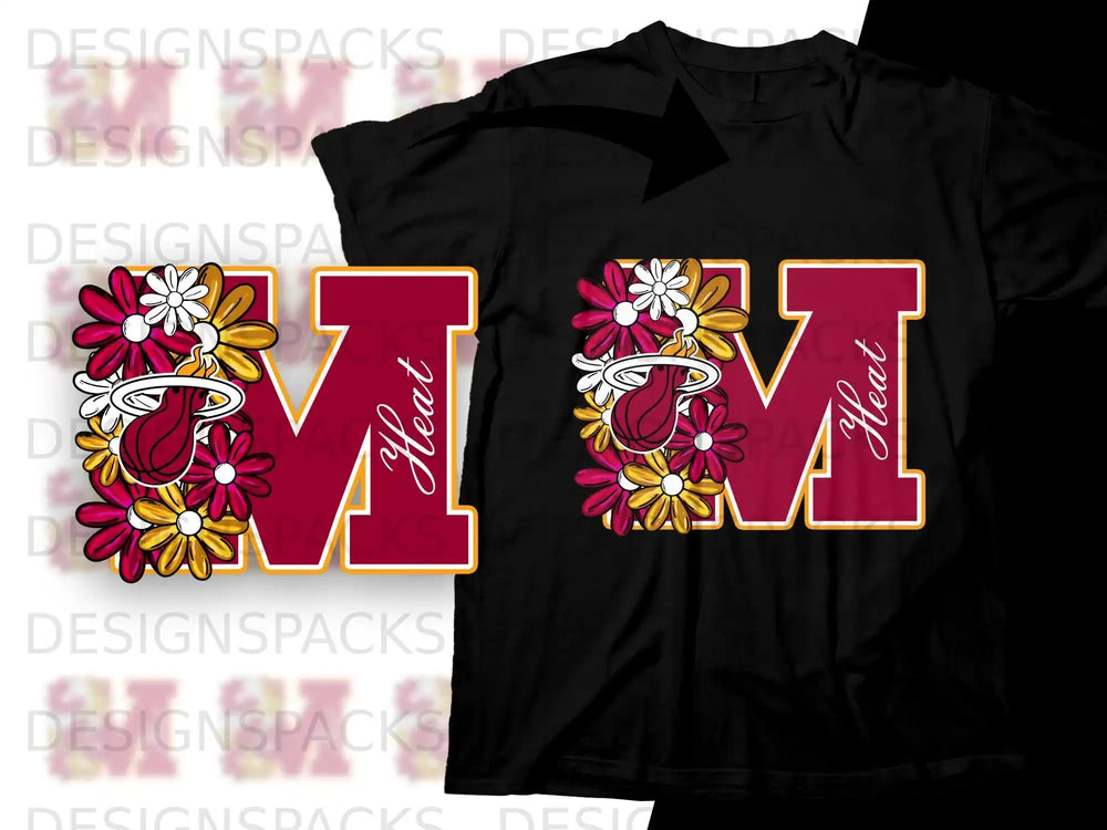 Miami Heat logo with flowers on a black t-shirt.