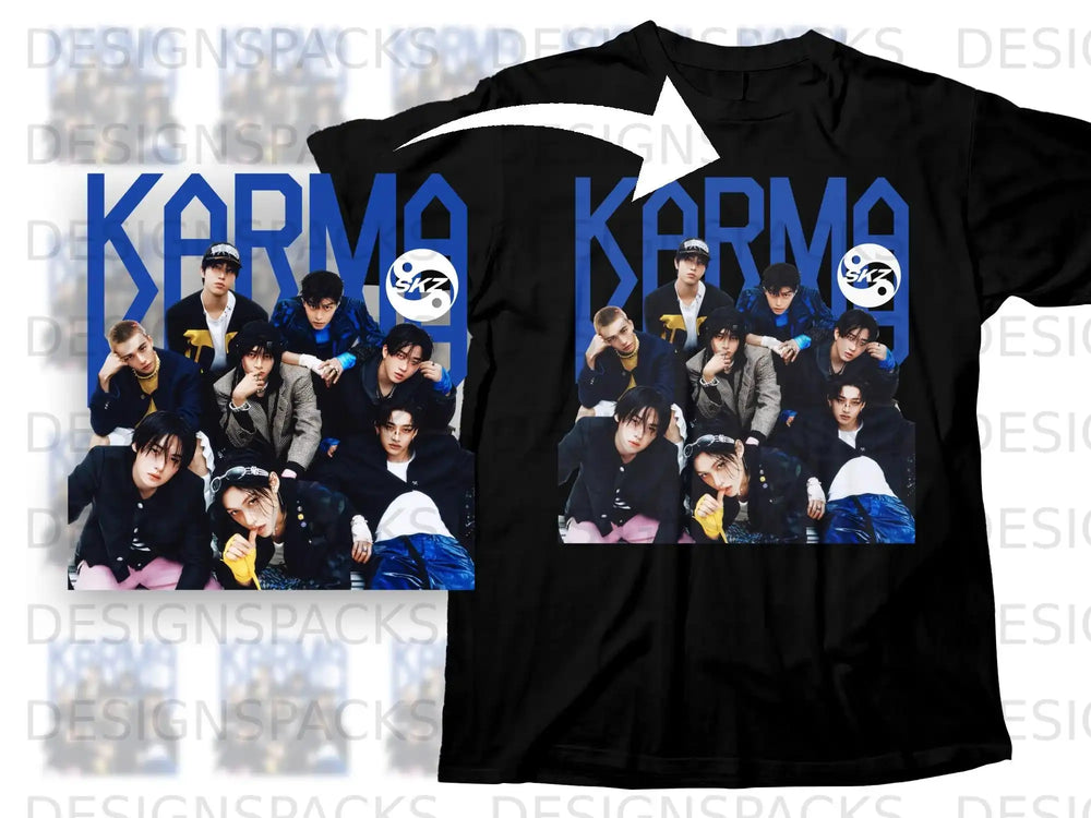 Black t-shirt featuring a graphic of the K-pop group Stray Kids' "SKZ" logo and members.