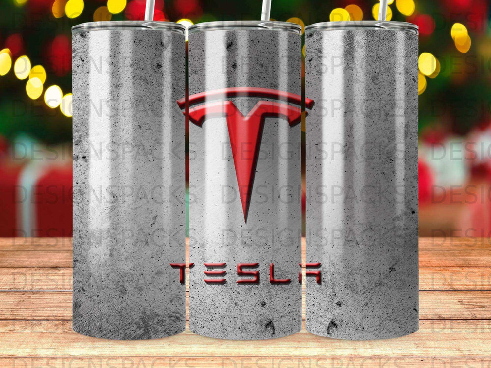 Silver tumbler with red Tesla logo and "TESLA" text on gray background.