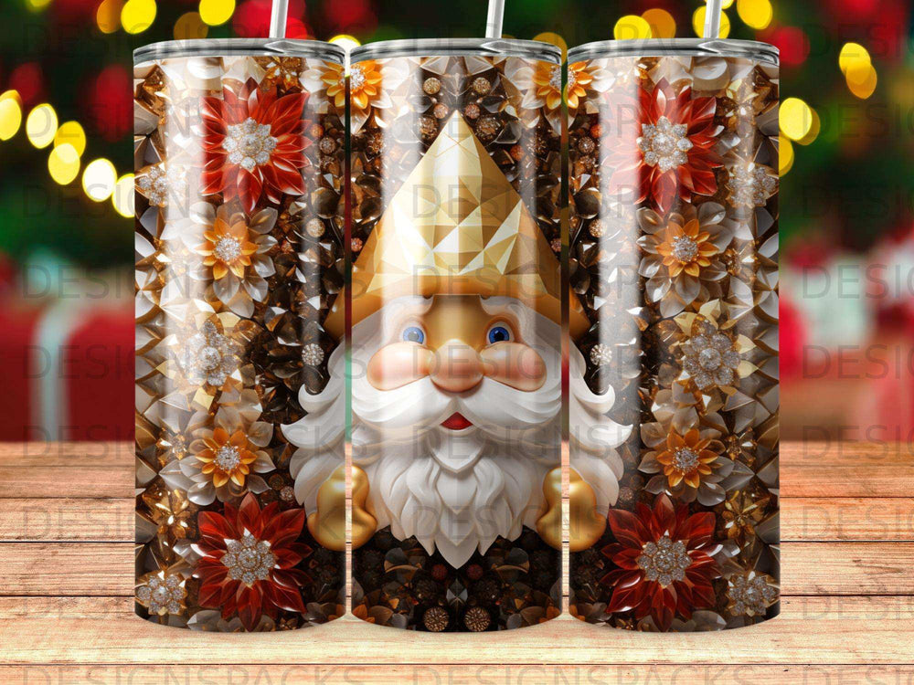 Santa Claus with festive floral pattern tumbler.