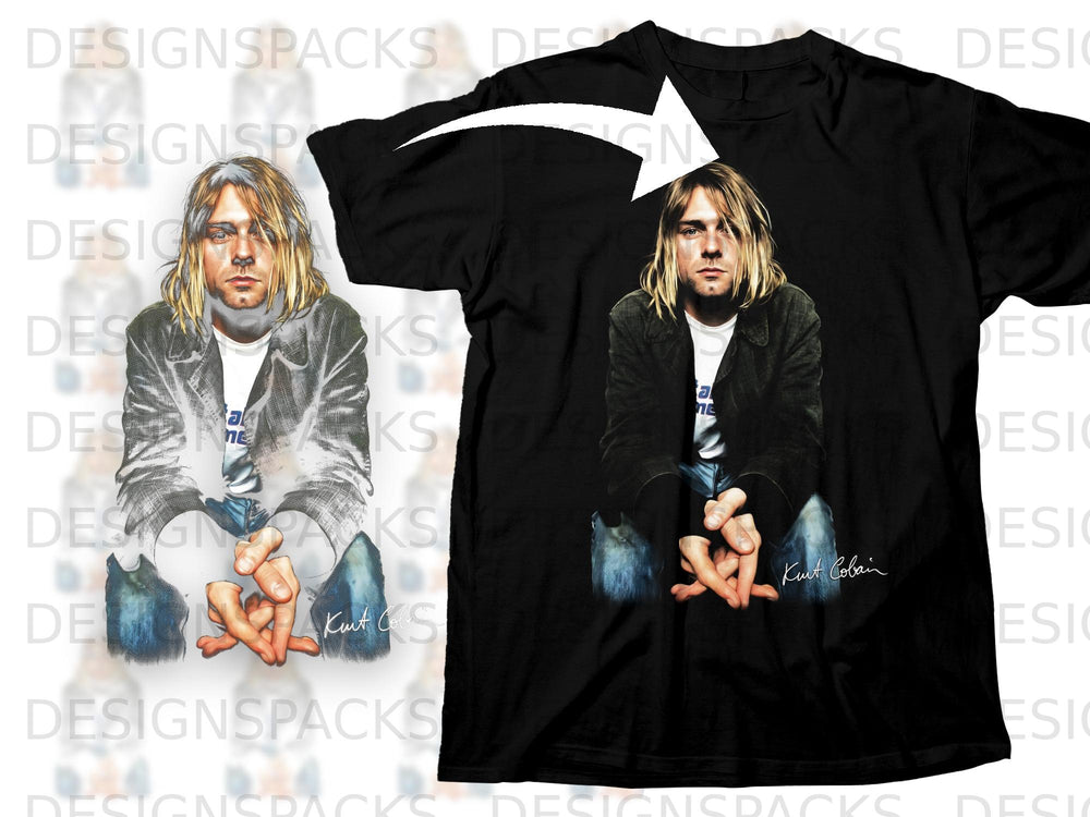 Black t-shirt with a printed image of Kurt Cobain and his signature.
