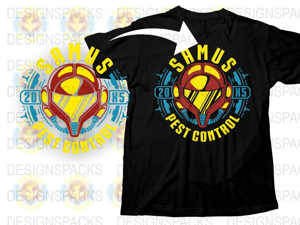 Samus Pest Control Graphic T-Shirt, Retro Video Game Inspired Tee, Unique Geek Gift, Bold Colorful Design