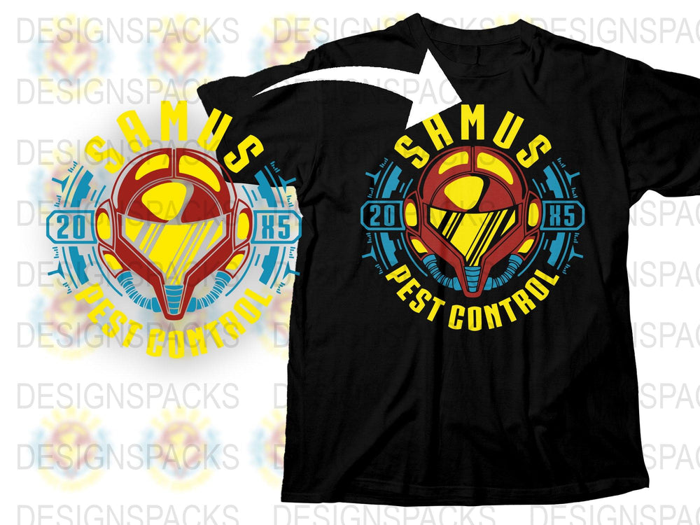 Samus Pest Control Graphic T-Shirt, Retro Video Game Inspired Tee, Unique Geek Gift, Bold Colorful Design