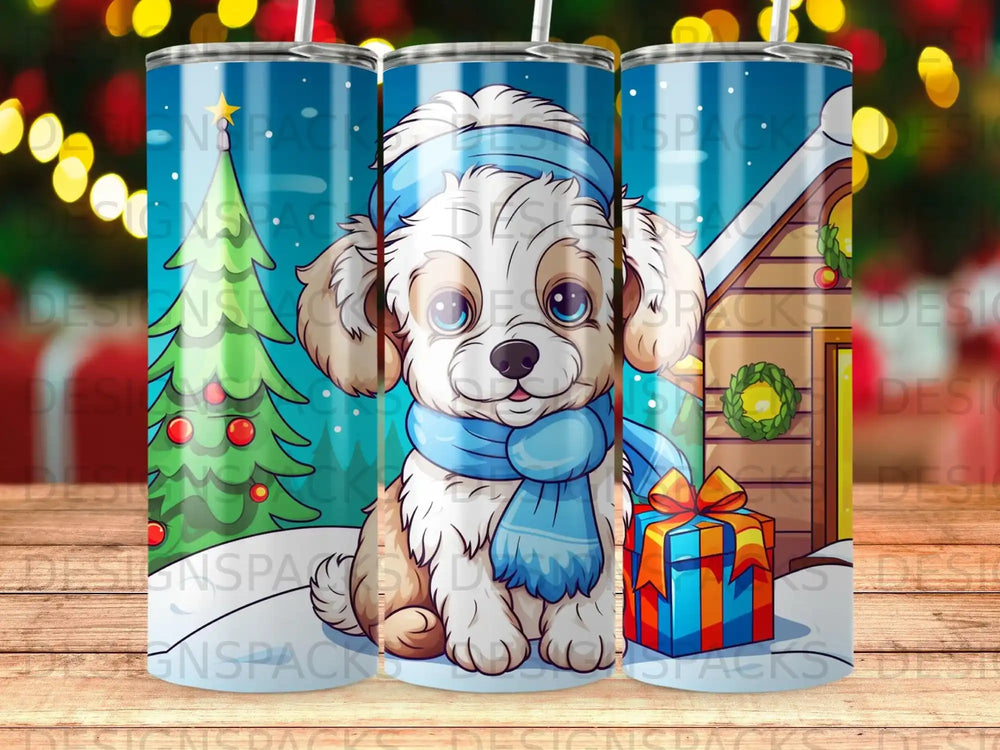 Dog in scarf near Christmas tree and gift, with house in background.