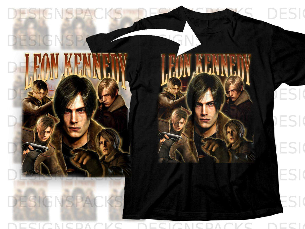 Leon Kennedy graphic tee with character collage and "Leon Kennedy" text.