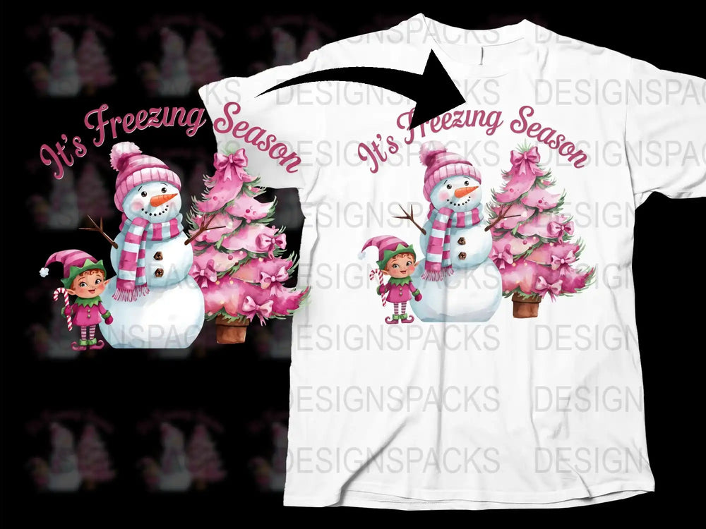 Kids Christmas T-Shirt, It's Freezing Season Snowman Design, Pink Tree Elves, Holiday Apparel for Children