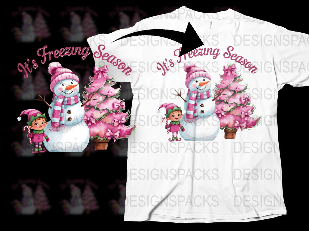 Kids Christmas T-Shirt, It's Freezing Season Snowman Design, Pink Tree Elves, Holiday Apparel for Children