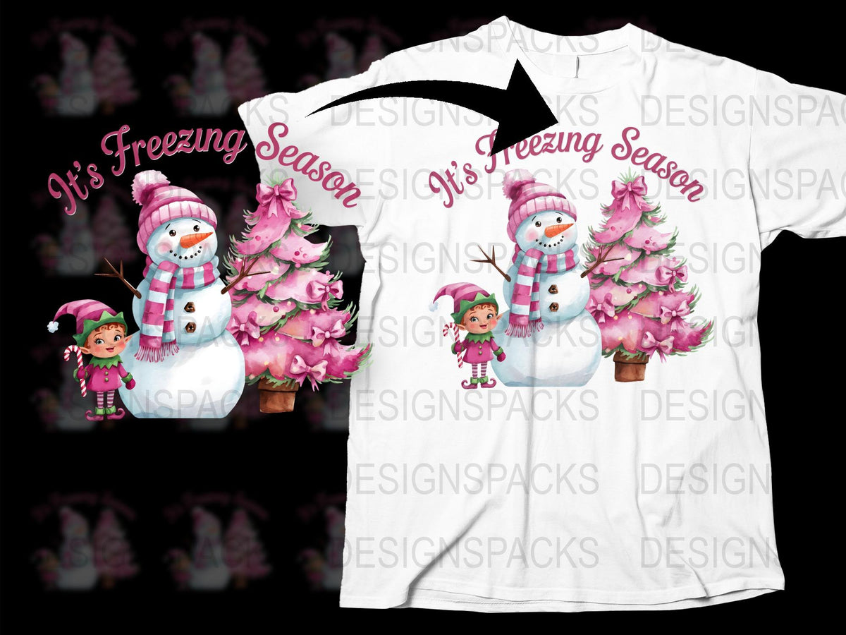Kids Christmas T-Shirt, It's Freezing Season Snowman Design, Pink Tree Elves, Holiday Apparel for Children