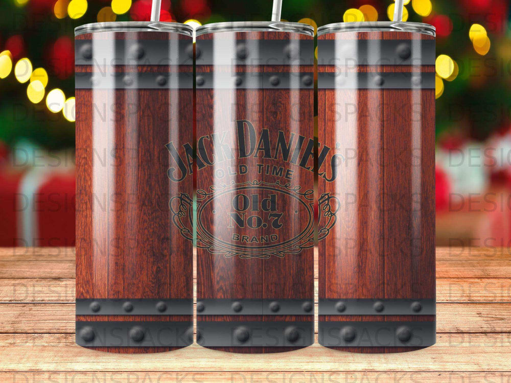 Jack Daniel's Old No. 7 Brand barrel-patterned tumbler with wooden staves and metal bands.