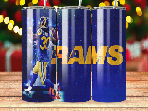 Los Angeles Rams player Cooper Kupp #30 in uniform on a blue tumbler.