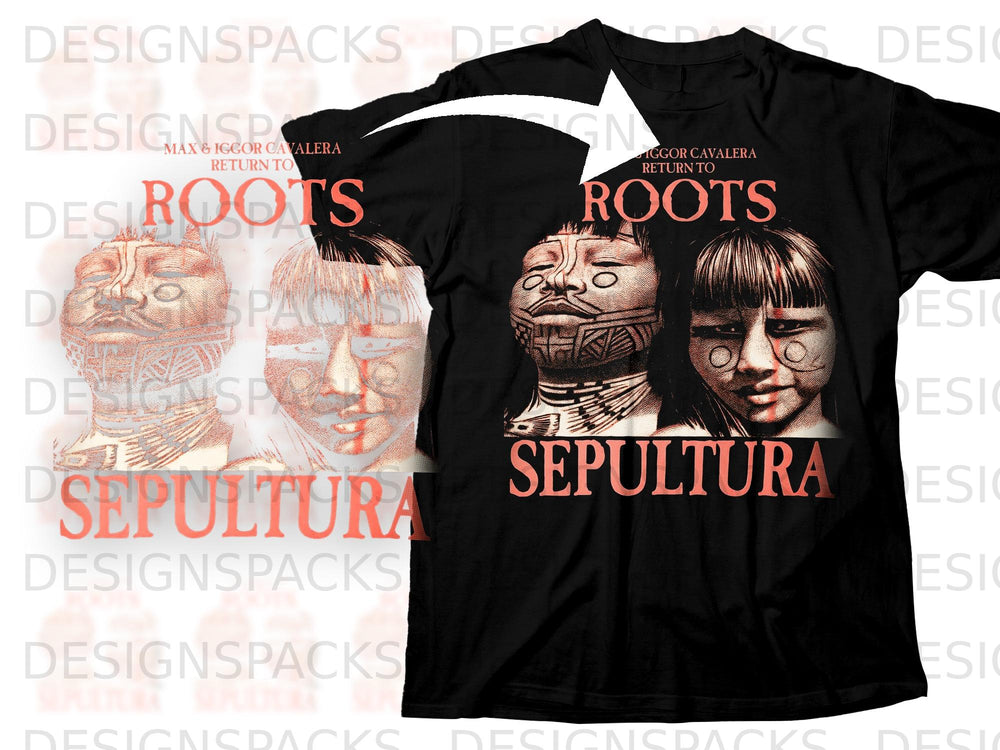 Black t-shirt with Sepultura "Roots" album art featuring faces and tribal markings.