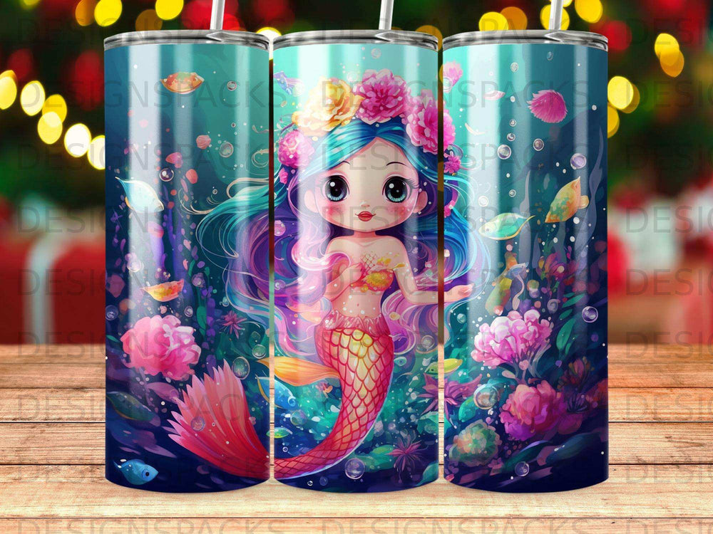 Whimsical mermaid with flowing hair and floral crown surrounded by colorful ocean life.
