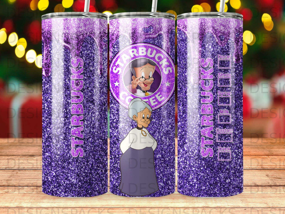 Starbucks tumbler with glitter purple design and a cartoon woman character.
