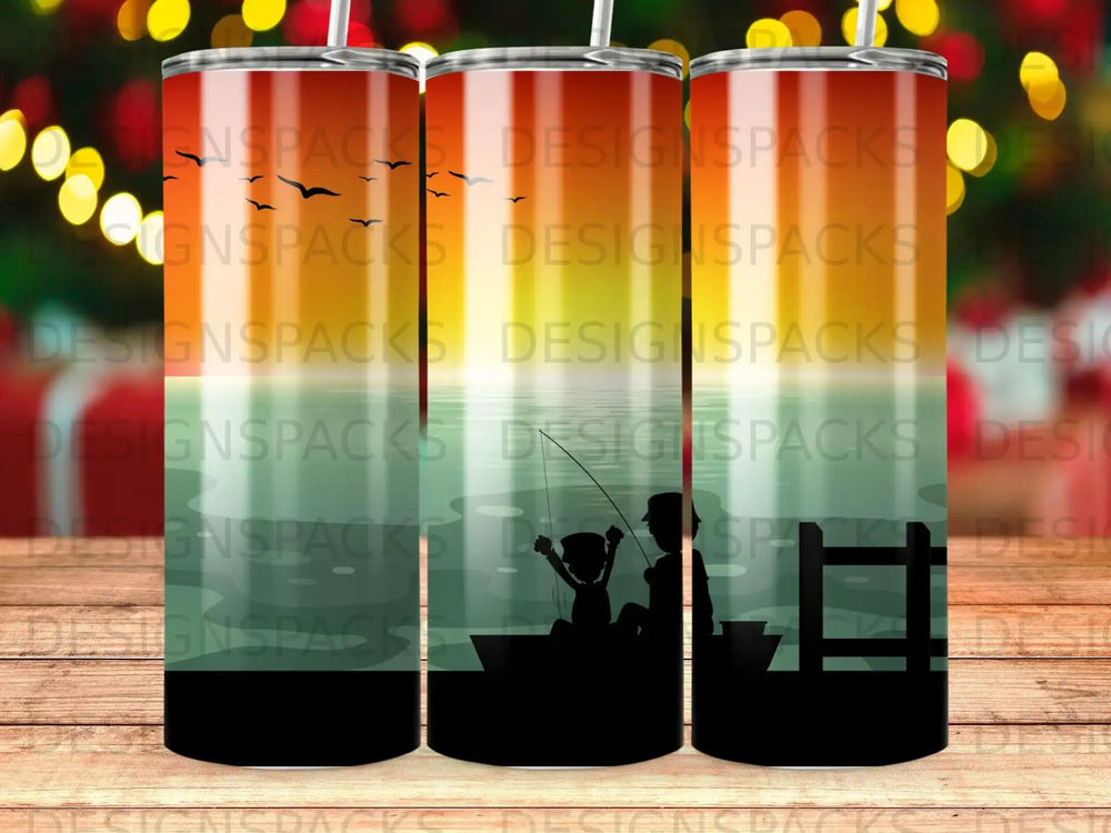 Three tumblers with a silhouette of a father and child fishing at sunset.