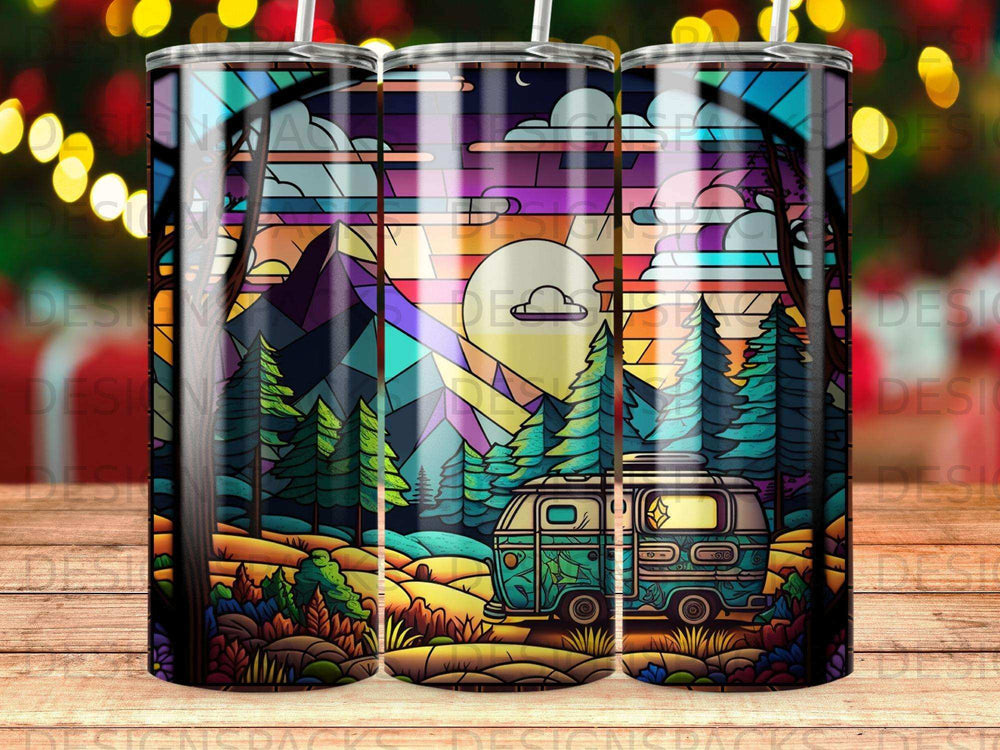 Green camper van in a colorful mountain landscape with trees and sunset.