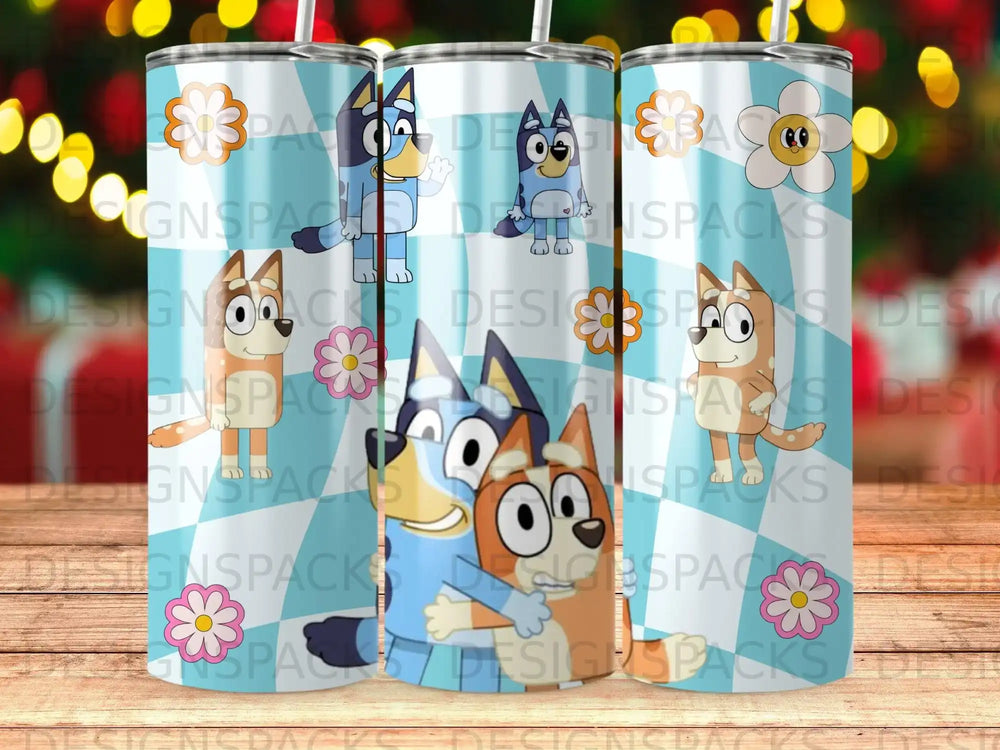 Bluey and Bingo characters on a tumbler with floral and plaid pattern.