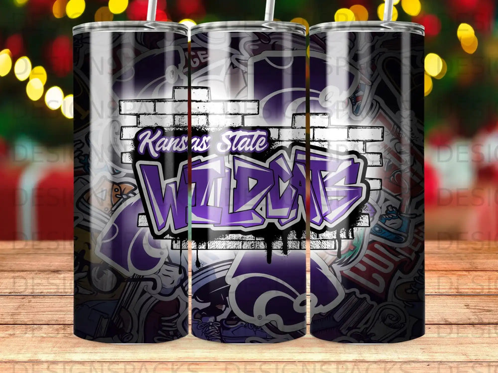 Kansas State Wildcats graffiti-style logo on a tumbler with decorative elements.