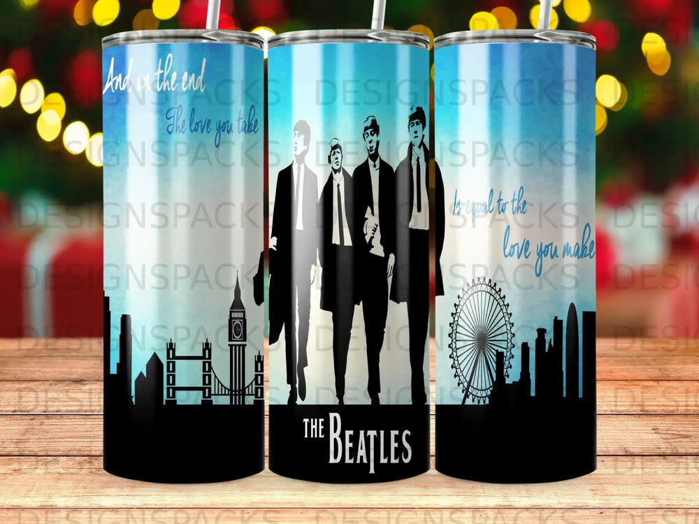 The Beatles silhouettes with song lyrics and city skyline on blue gradient tumblers.