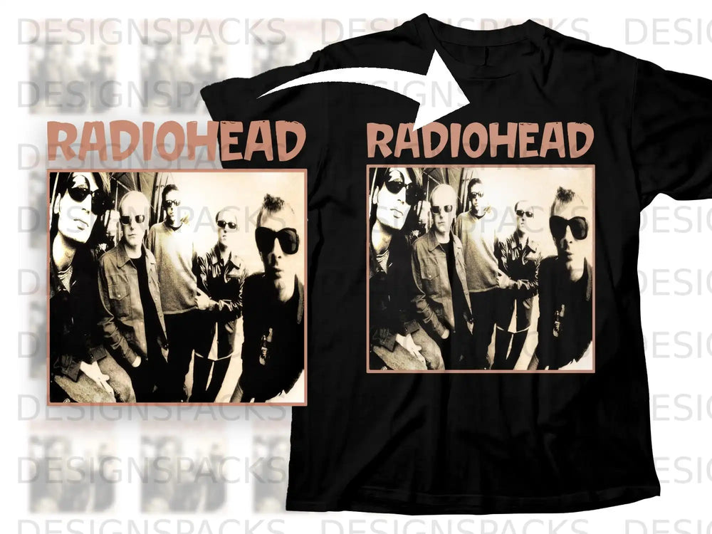 Radiohead band members in a sepia-toned, vintage style on a black t-shirt.