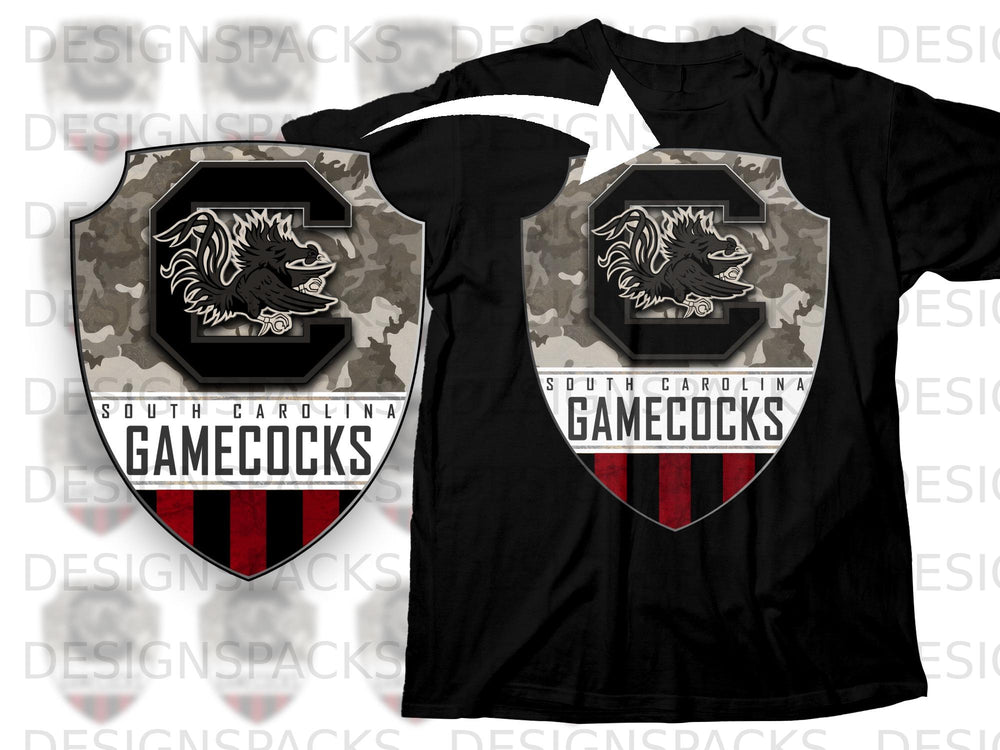 South Carolina Gamecocks shield logo with camouflage background on black t-shirt.