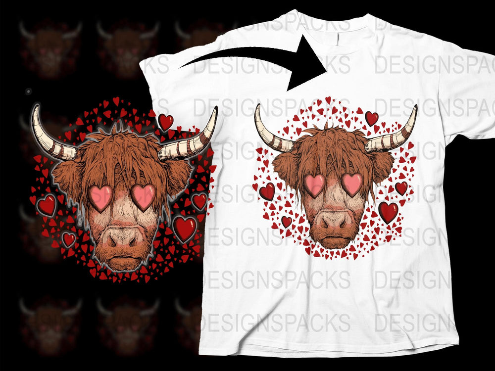 Highland Cow T-Shirt with Heart Eyes and Red Hearts, Cute Animal Graphic Tee, Unisex Love Shirt
