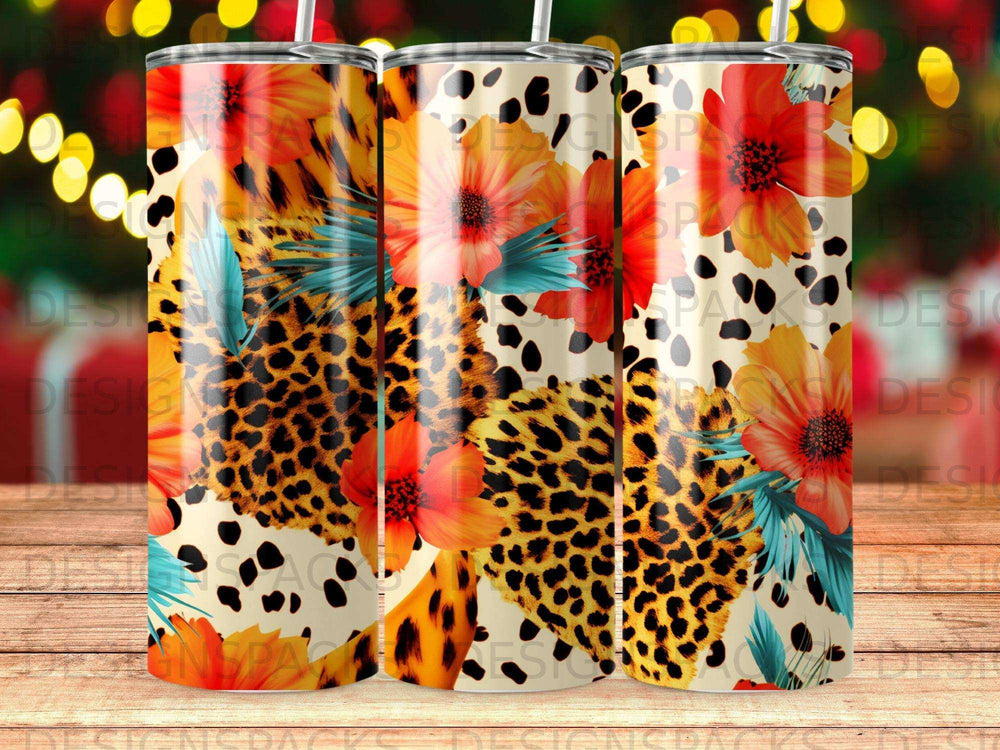 Tumbler with leopard print and floral design.