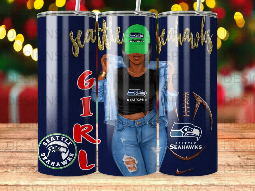 Seattle Seahawks girl and football pattern tumbler.