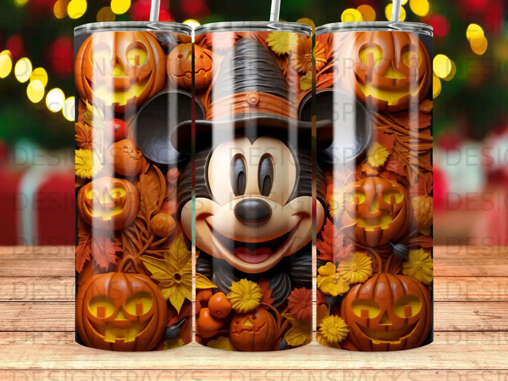 Mickey Mouse in witch hat surrounded by carved pumpkins and autumn leaves.