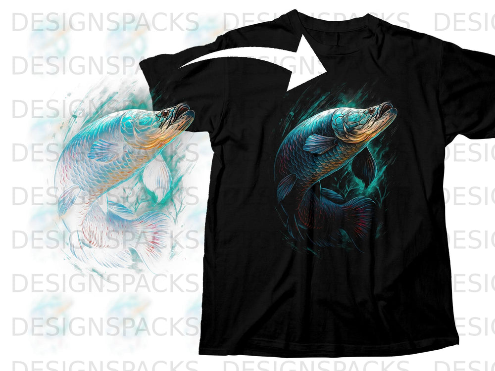 Black t-shirt with vibrant blue and red fish design and a white arrow overlay.