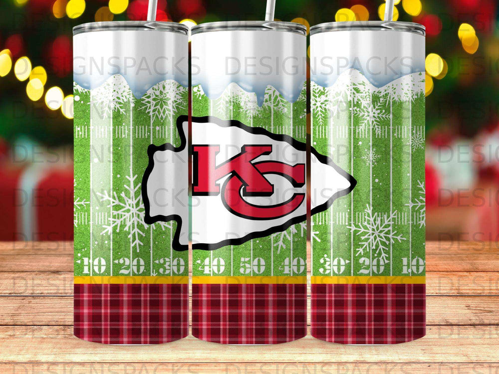 Kansas City Chiefs logo on tumbler with plaid and snowflake pattern.