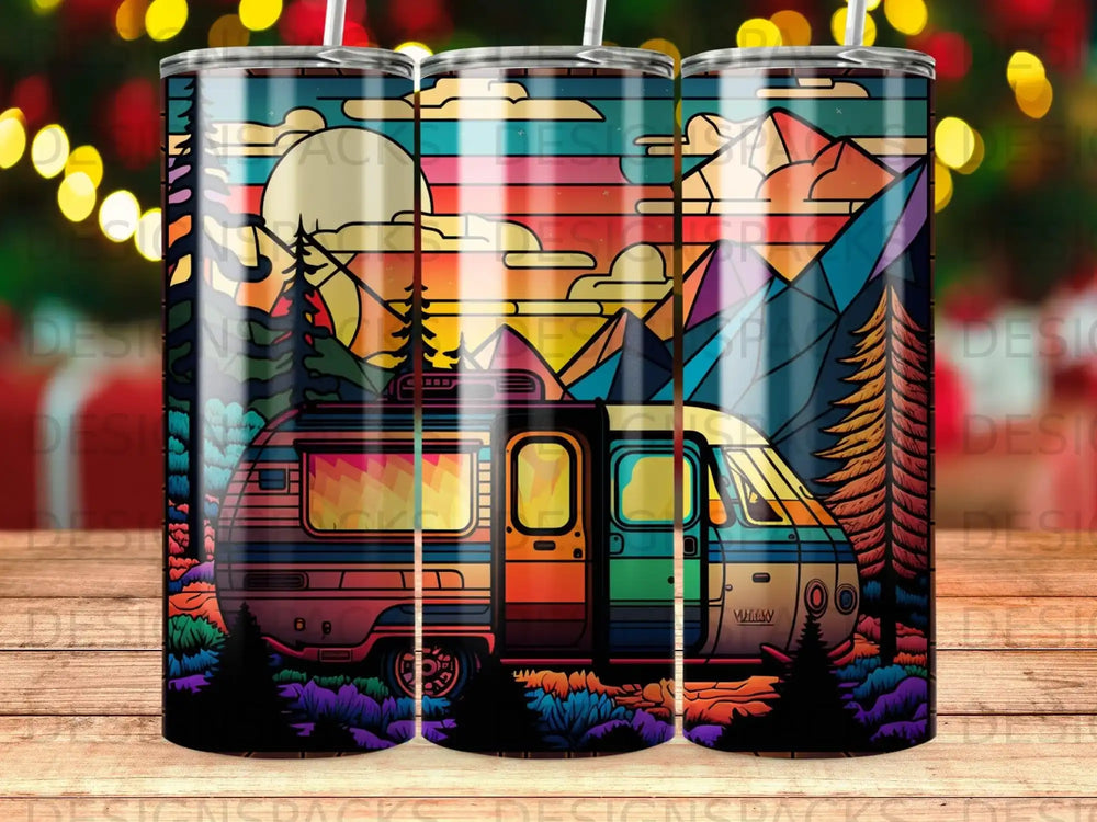 Colorful retro camper van against a vibrant mountain landscape with trees.