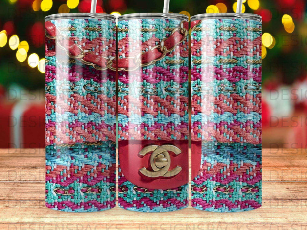 Chanel-inspired tumbler with tweed pattern and gold chain detail.