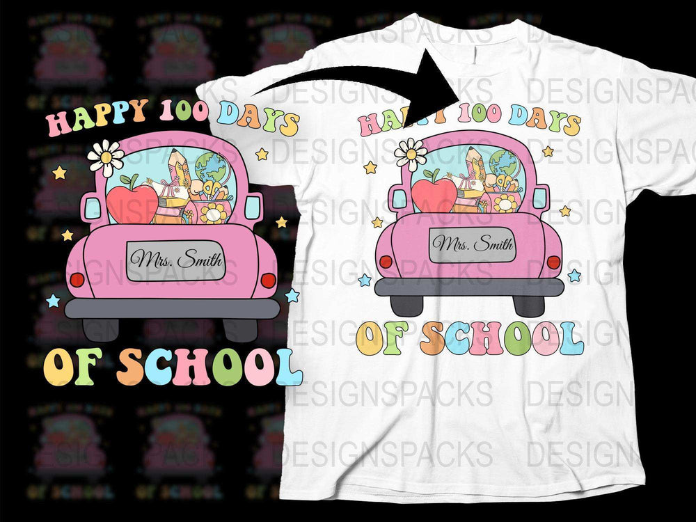 Happy 100 Days of School T-Shirt, Pink Car Teacher Tee, Custom Name Top, Colorful School Celebration Shirt