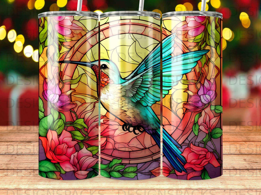 Hummingbird and stained glass floral design on a tumbler.