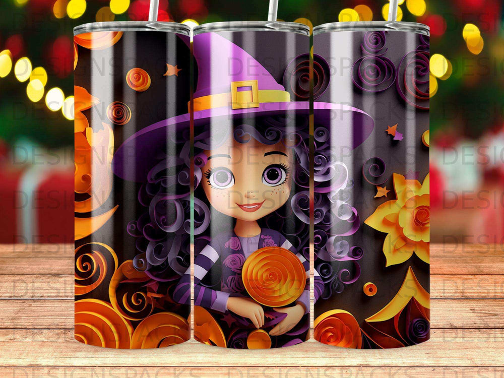 Witch holding a lollipop, surrounded by autumn leaves and swirling patterns.