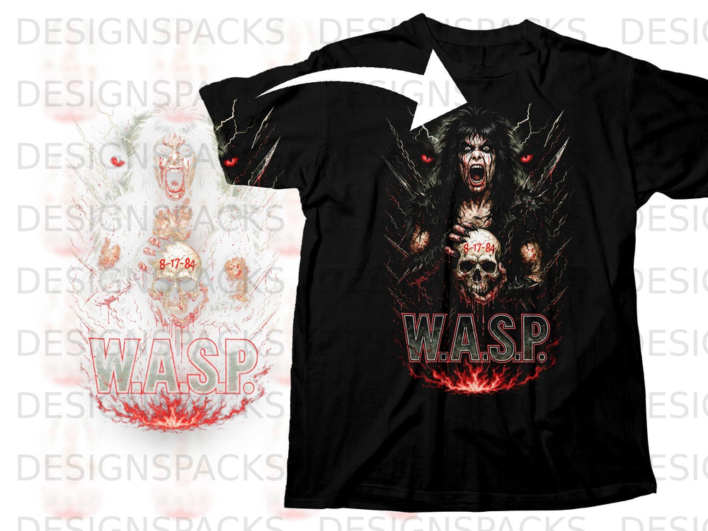 Black t-shirt with W.A.S.P. logo and band artwork featuring a screaming figure holding a skull.