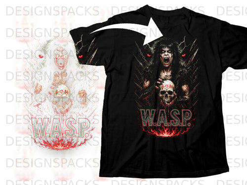 Black t-shirt with W.A.S.P. logo and band artwork featuring a screaming figure holding a skull.
