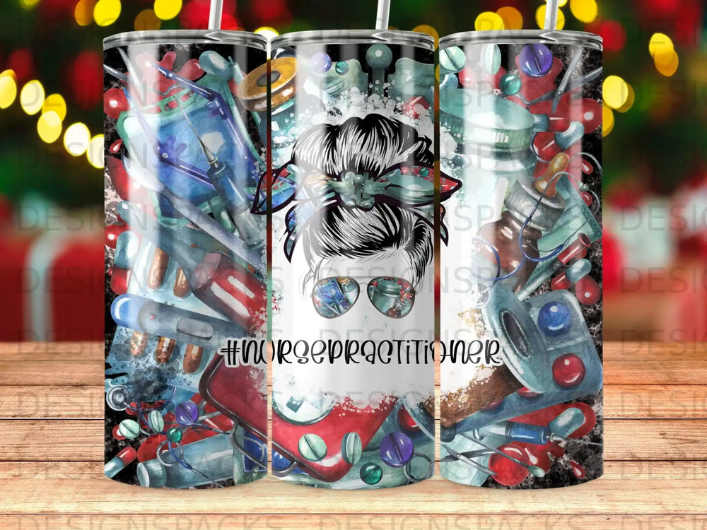 Nurse practitioner tumbler with medical supplies and abstract design.