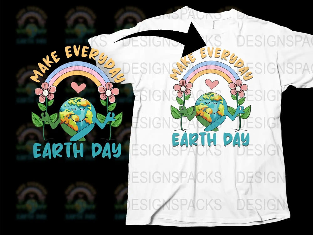 Make Everyday Earth Day T-Shirt, Eco-Friendly Rainbow Graphic Tee, Environmental Awareness Top with Heart and Planet Design