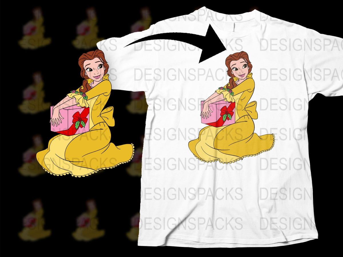 Princess Belle Inspired Graphic T-Shirt, Yellow Disney Character Tee, Women's Floral Print Top
