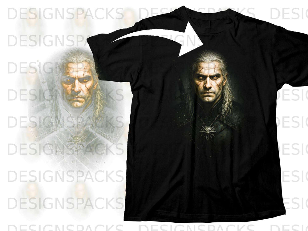 Black t-shirt with a portrait of Geralt of Rivia from The Witcher.