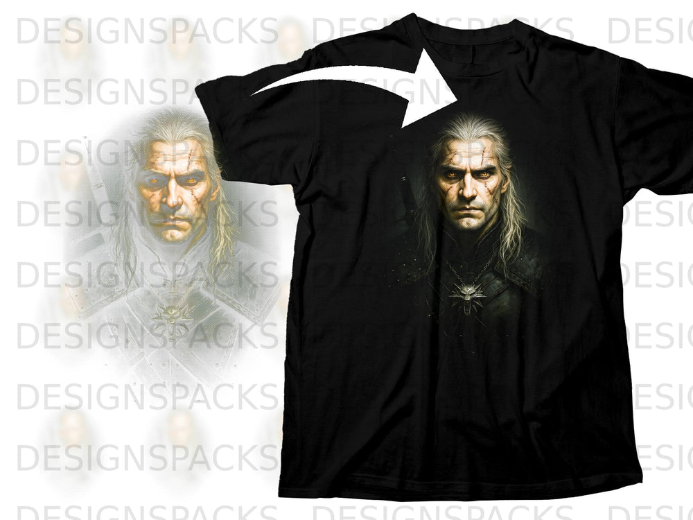 Black t-shirt with a portrait of Geralt of Rivia from The Witcher.