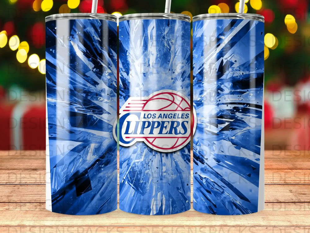 Los Angeles Clippers logo with a dynamic blue and white shattered glass background.